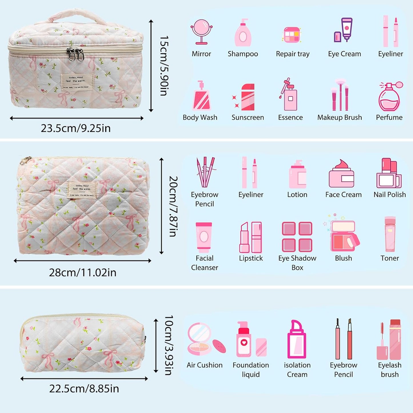 Quilted Makeup Bag, Large Capacity Travel Cosmetic Bag for Women and Girls, Aesthetic Storage for Daily and Travel Use (3pcs-overbowfloral)