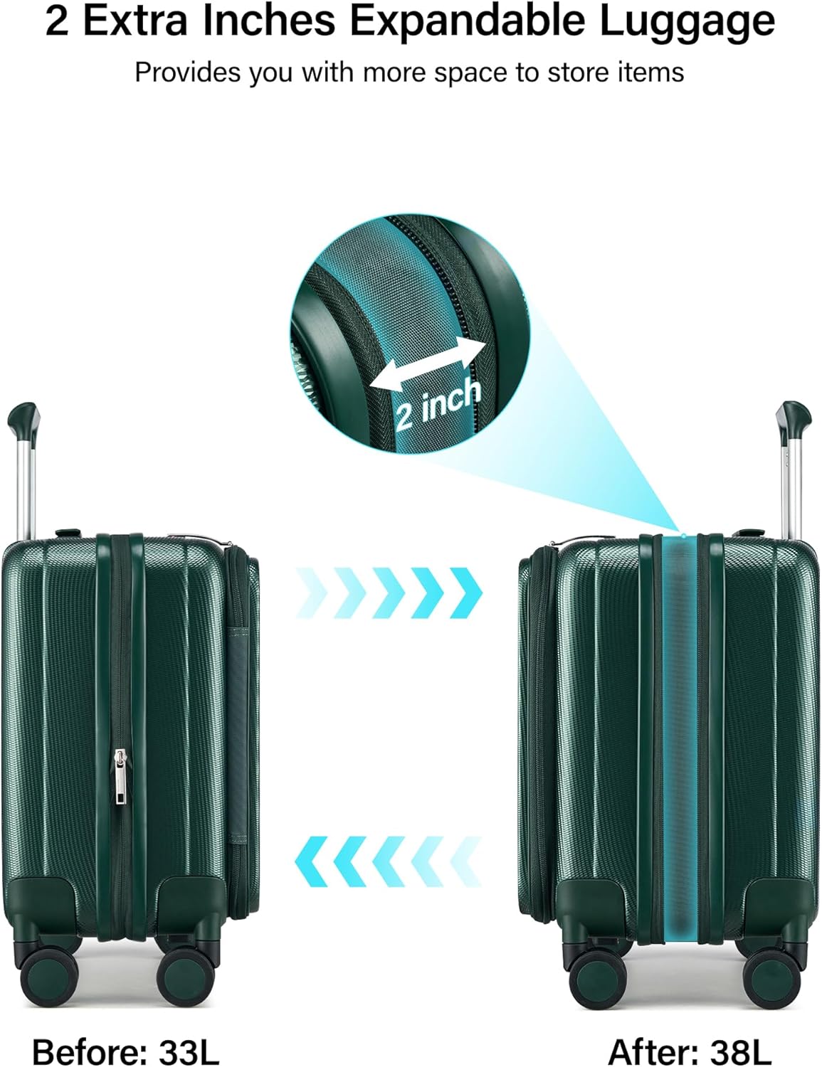 Hanke 16 Inch Expandable Under Seat Luggage with Wheels Top Opening Small Suitcase with Wheels Carry On Luggage Airline Approved Lightweight Hard Shell Suitcases for Weekender Overnight-Blackish Green