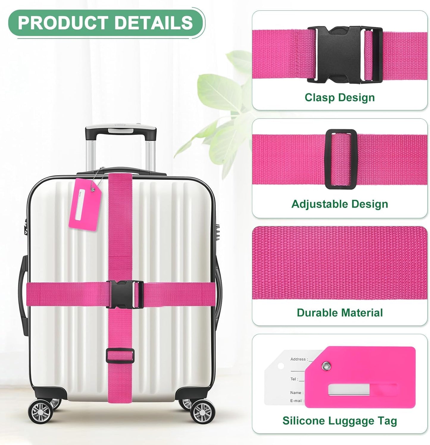 2-Sets Luggage Straps TSA Approved, Travel Straps for Luggage Suitcase Tags Set, Adjustable Suitcase Belt [Rose Red]