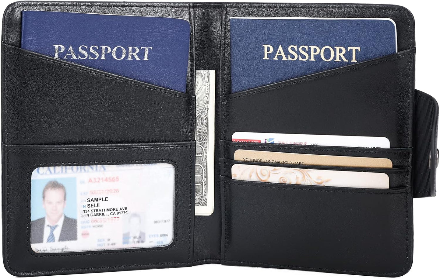 Polare Full Grain Leather Slim and Soft RFID Blocking wallet For Men Snap Bifold Travel Wallet Passport Holders 2 Passports (Carbon Black)