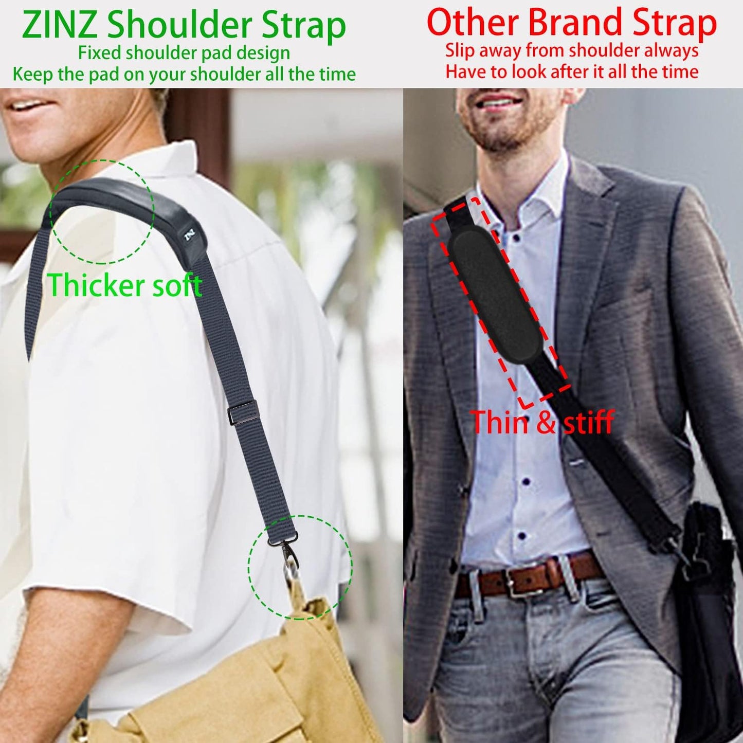 ZINZ Shoulder Strap 58" Ultra-Thick Fixed Padded and Adjustable Buckles Crossbody Strap for Briefcase Laptop Bag Luggage