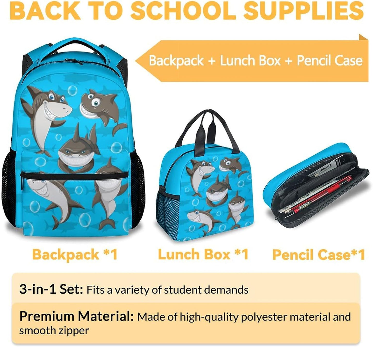 Shark Backpack with Lunch Box, Set of 3 School Backpacks Matching Combo, Funny Blue Bookbag and Pencil Case Bundle