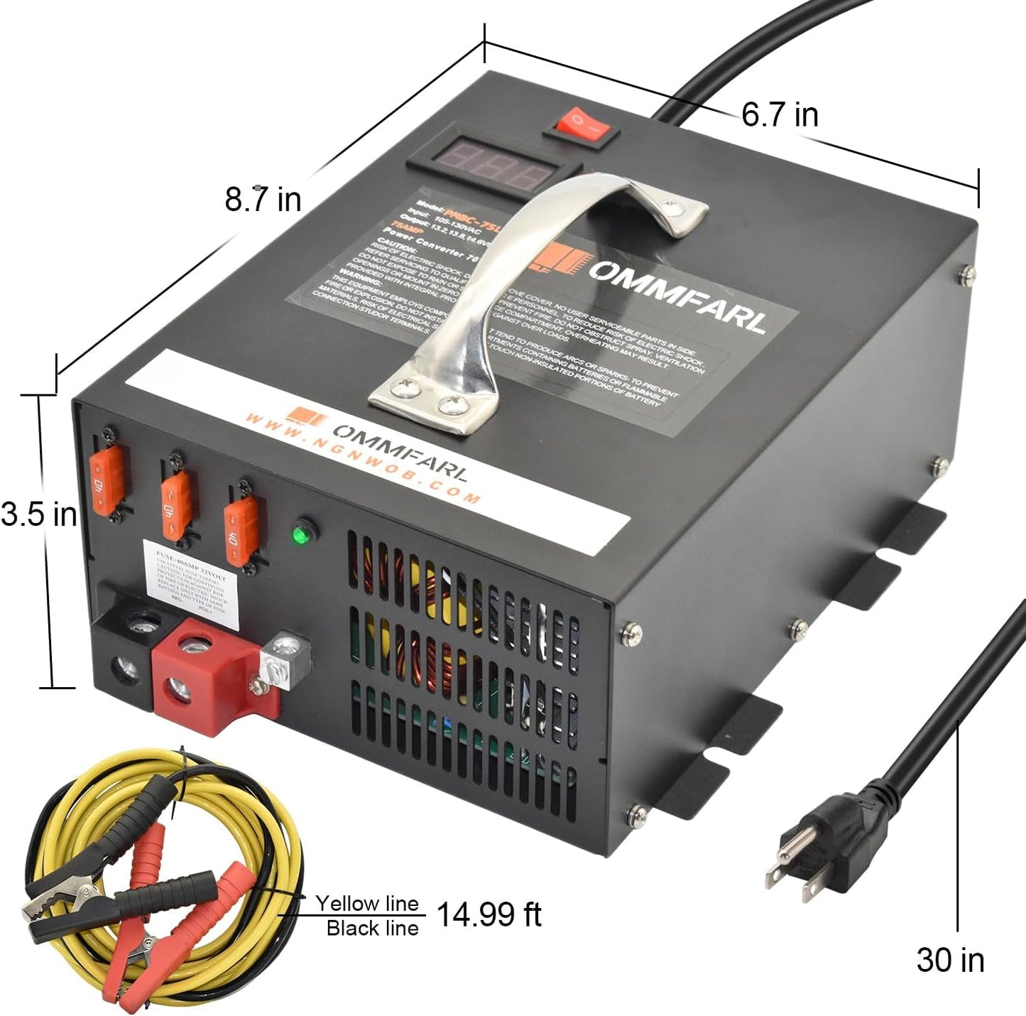 75 amp Power Converter for rv Camper with Handle and 15ft Cables,Battery Chargers with 3 Stage Smart Charging Mode for rv 110/120 VAC to DC 12V, with Voltage Display