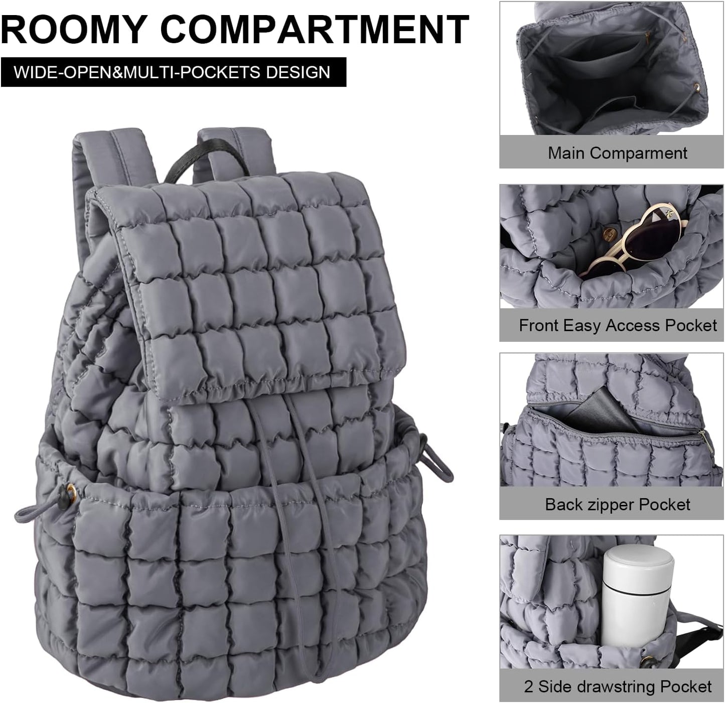 XSUIOY Quilted Backpack Purse for Women Small Lightweight Puffer Puffy College Laptop Backpack Nylon Casual Bookbag Daypack Top Flap Drawstring Padding Hiker Travel Gym Backpack(Grey)