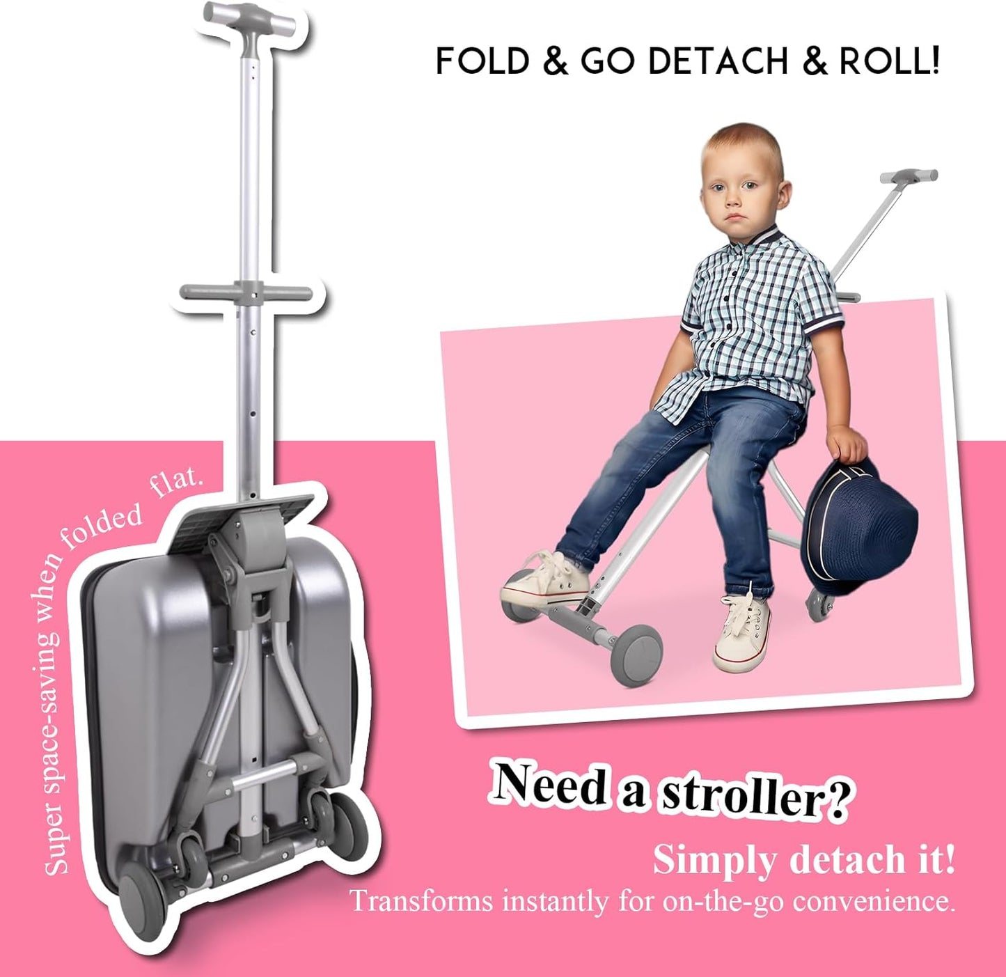 3-in-1 Carry On Luggage with Removable Cart | 20” Hardside Suitcase, Detachable Travel Tote & Foldable Utility Cart with 3 Adjustable Heights | for Adults, Kids, Shopping & Travel | 42L, 5KG (Pink)