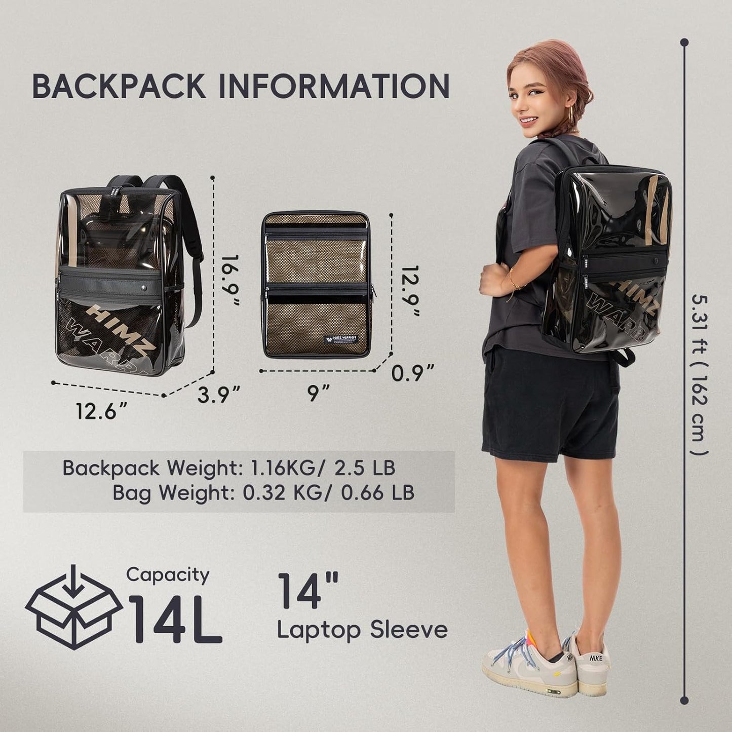 Heavy Duty Clear Backpack 14inch Laptop Bag See Through Backpack with Reinforced Straps, Stadium