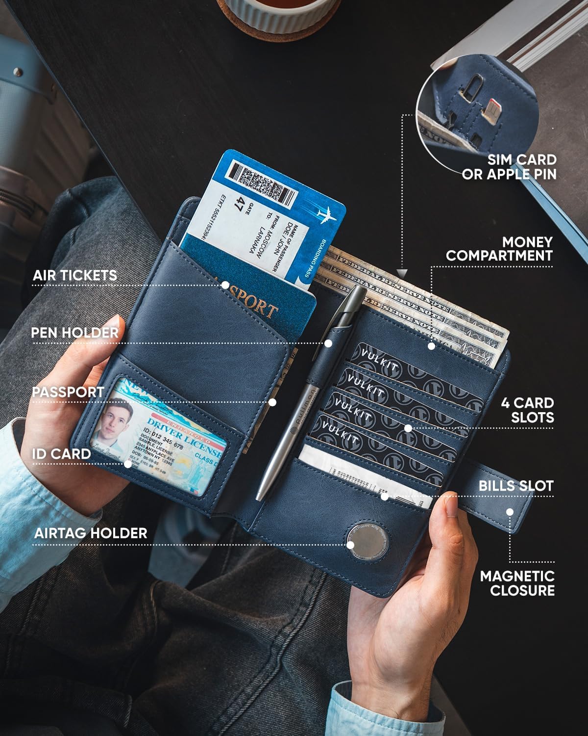 Real Leather Wallet Airtag Compatible RFID Bifold Travel Card Holder Black (Navy)