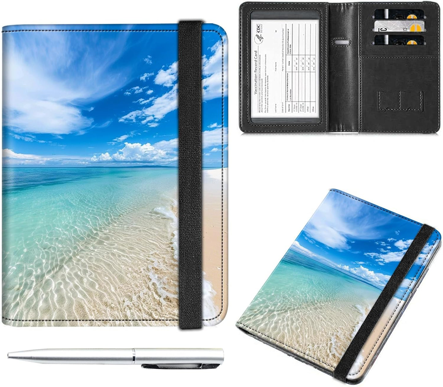 Passport and Vaccine Card Holder Cover Combo,Travel Passport Holder Wallet with RFID Blocking, Leather Vaccine Card Slot Passport Cover Case for Women & Men,Beautiful Beach and Blue Sky