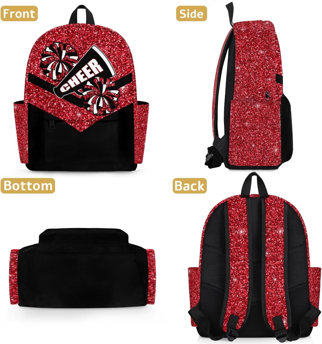 Red Glitter Cheer Kids Backpack for Girls Cheerleader Preschool Toddler Backpack Kindergarten Nursery Bookbag Travel Children Lightweight School Bag