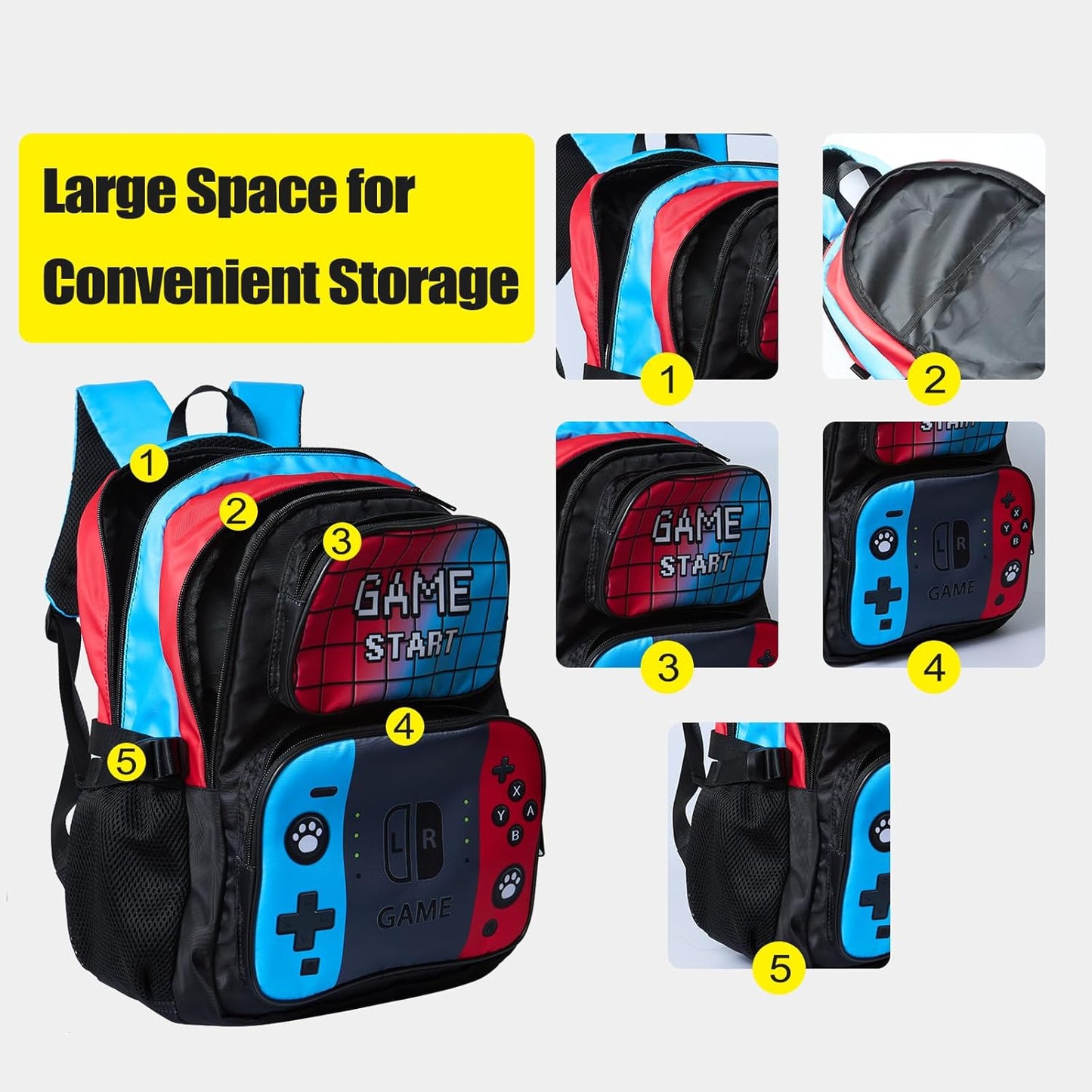 3pcs School Backpack for Boys 17”Kids Gamer Bookbag with Lunch Box&pencil case for Children Elementary Middle Students