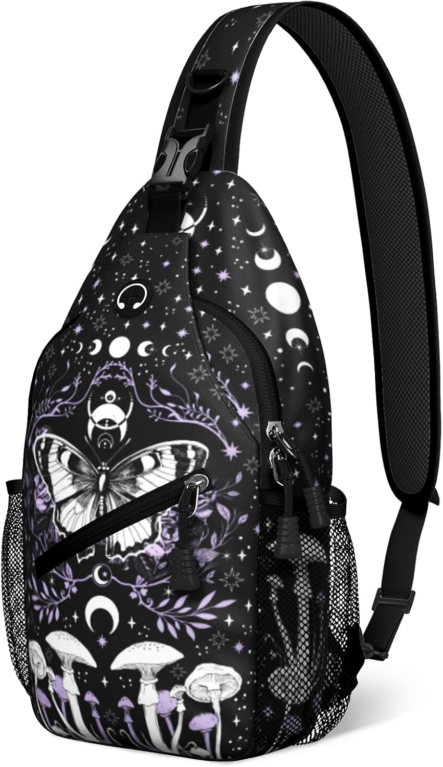 Black Gothic Butterfly Mushroom Sling Bag Crossbody Chest Bag for Women Men, Water Resistant Lightweight Casual Crossbody Bag with Adjustable Strap, Travel Hiking Daypack Shoulder Backpack
