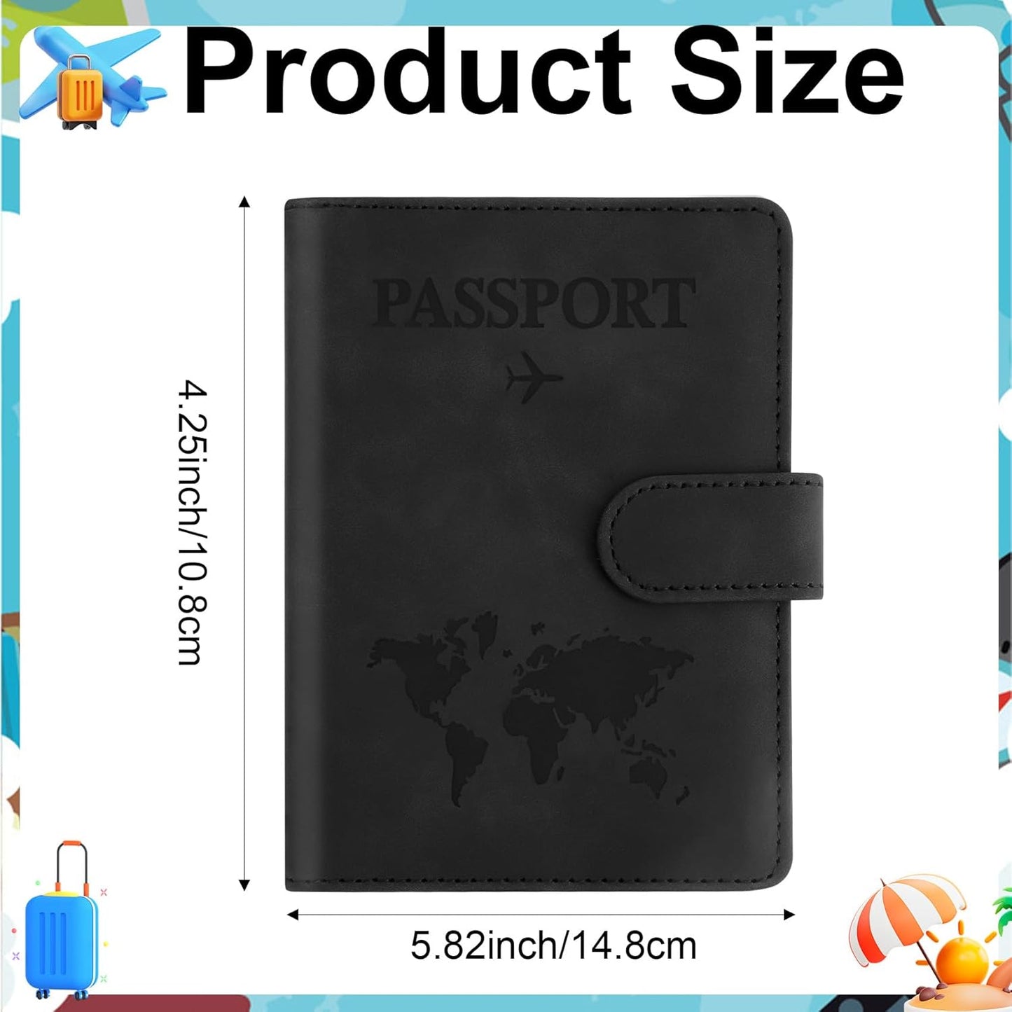 Passport Holder for Travel Essentials, Black Leather Passport Cover, Passport Wallet Holders for Women Men Family Travel Gifts Must Have Accessories, Credit Card Cash Air Ticket Storage Supplies