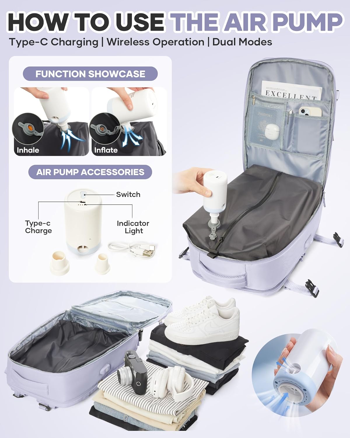 Vacuum Seal Travel Backpack with Air Pump,Compression Vacpack Waterproof Carry On Backpack for Travel Women Men with Vacuum System,Airlines Approved Daypack Laptop Space Saver Bags,Lilac