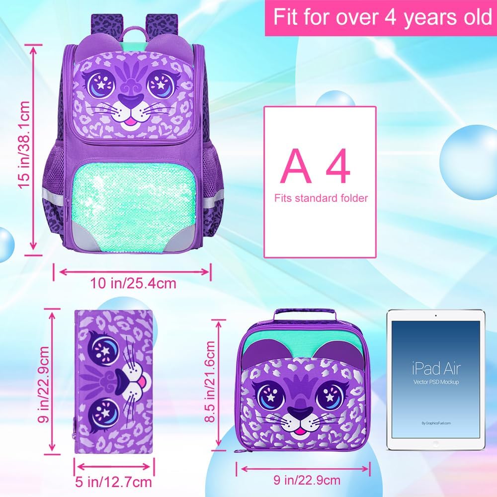 KLFVB 3PCS Backpack for Girls and Boys, 15" Unicorn Dinosaur Bookbag with Lunch Box, Kids Preschool
