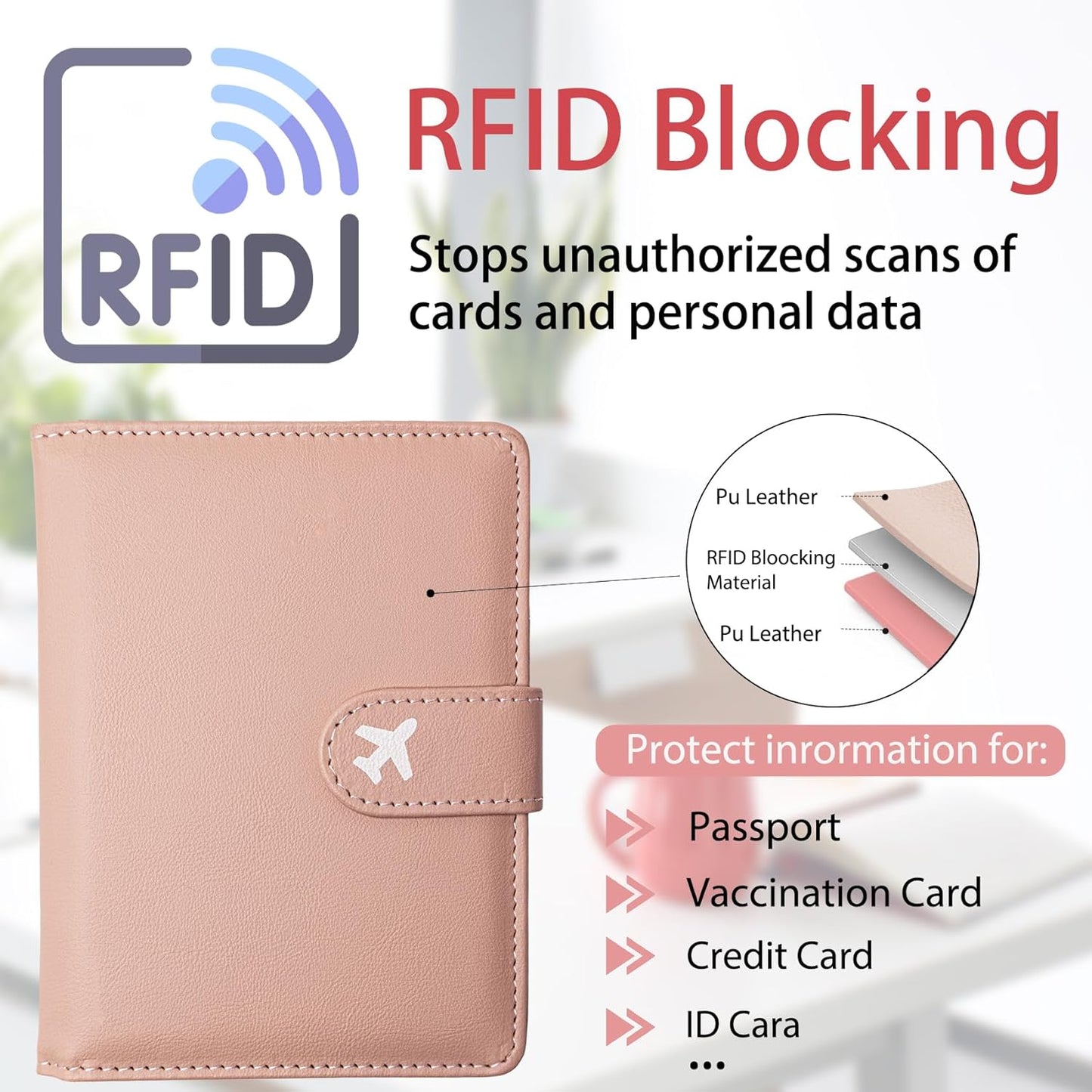 Passport Holder, Travel Wallet Cover with Pen Loop | Cute RFID Blocking Leather Case with Magnetic Closure for Travel Essentials-Pink