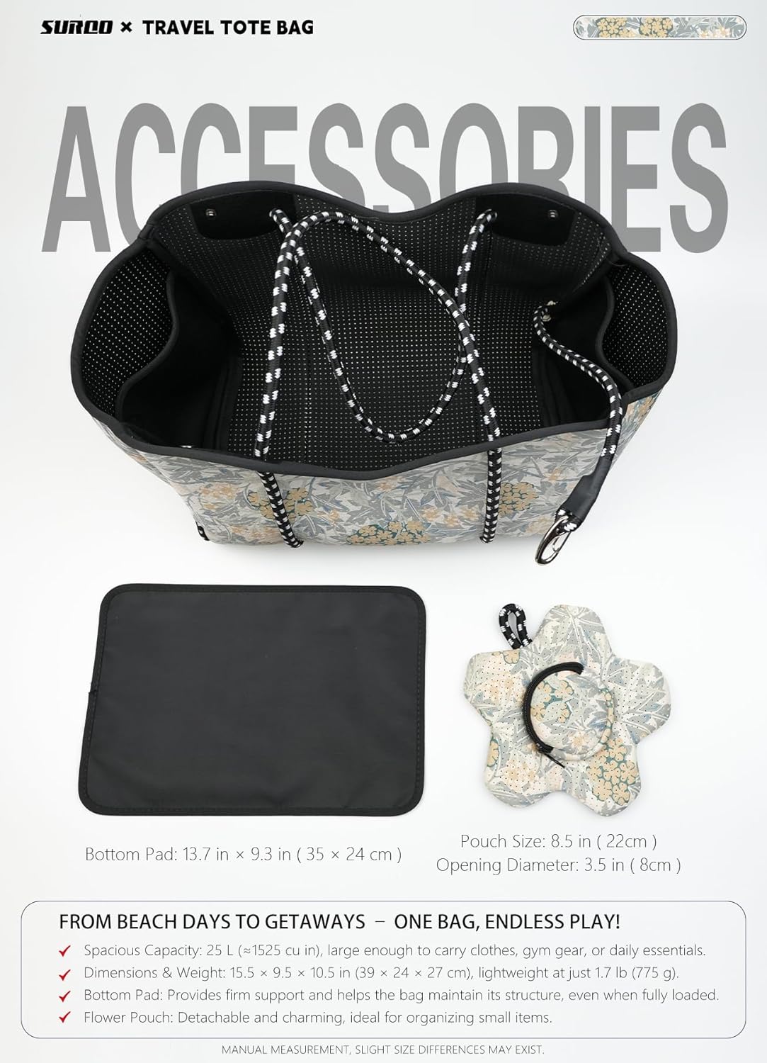 Neoprene Beach Bag for Women, Large Travel Tote Gym & Pool Bag, Detachable Pouch