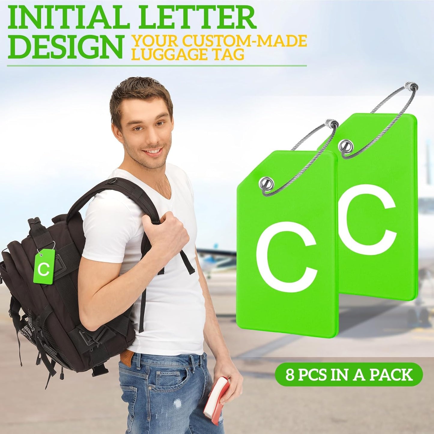 8 Pcs Initial Letter A-Z Luggage Tags Silicone Suitcase Instrument Tag with Name Card and Stainless Steel Loop(Letter C,Green)