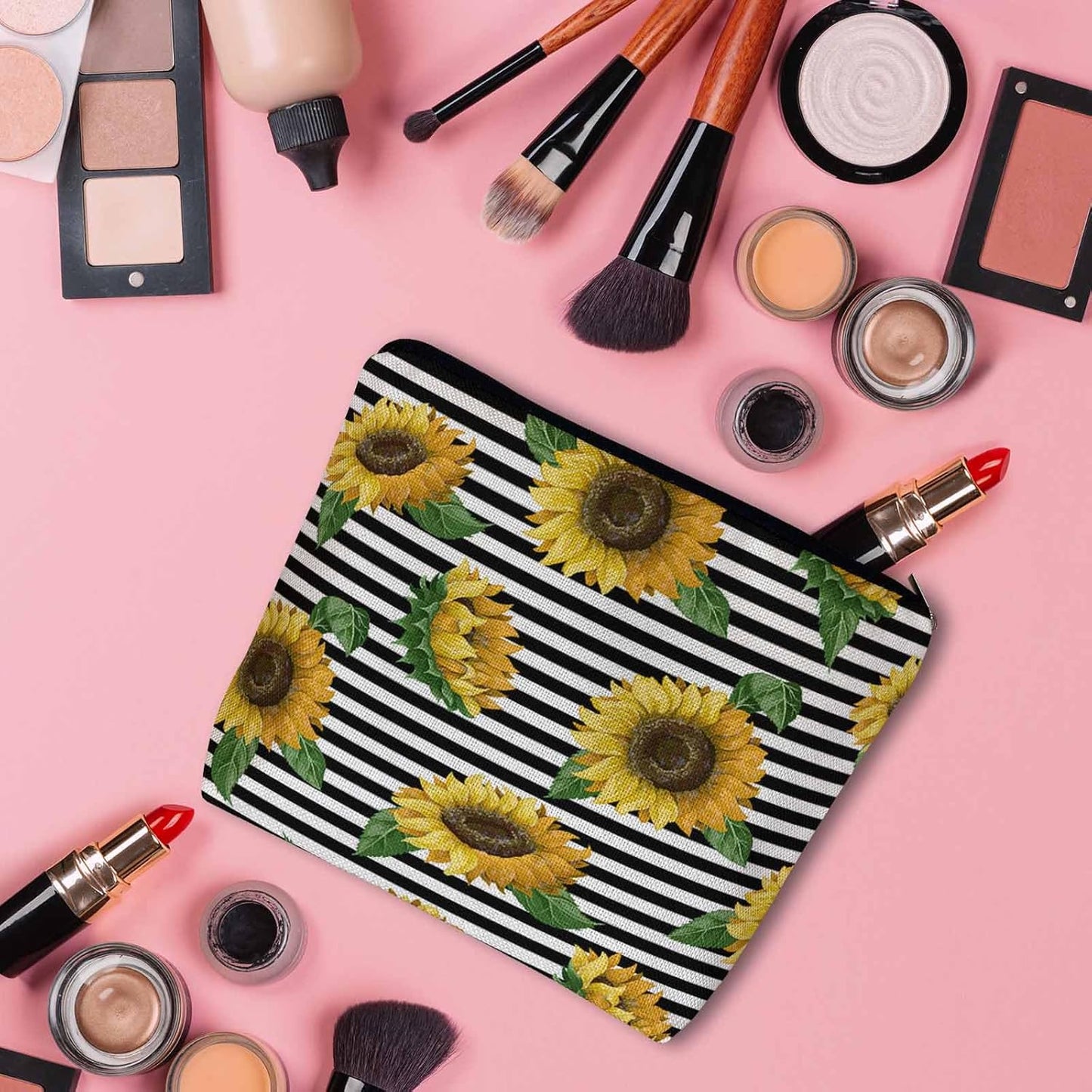 Makeup Bag Sunflower Makeup Bags For Purse Pouch, Yellow Sunflowers Stripes Travel Toiletry Bag Cosmetic Bag Makeup Bags Flax Makeup Organizer Bag Pencil Pouch For Man Woman