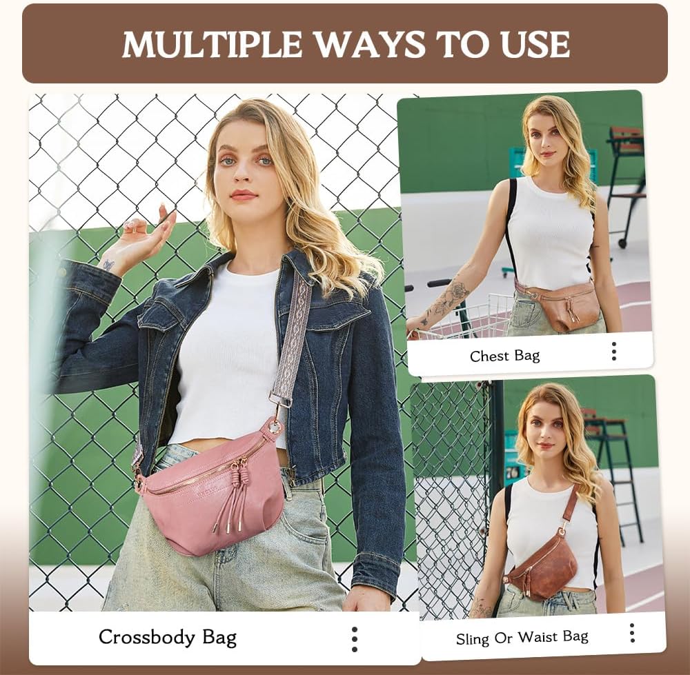 HKCLUF Fanny Pack Crossbody Bags for Women Pu Leather Belt Bag Waist Pack Causal Chest Bum Bag With 2 Straps