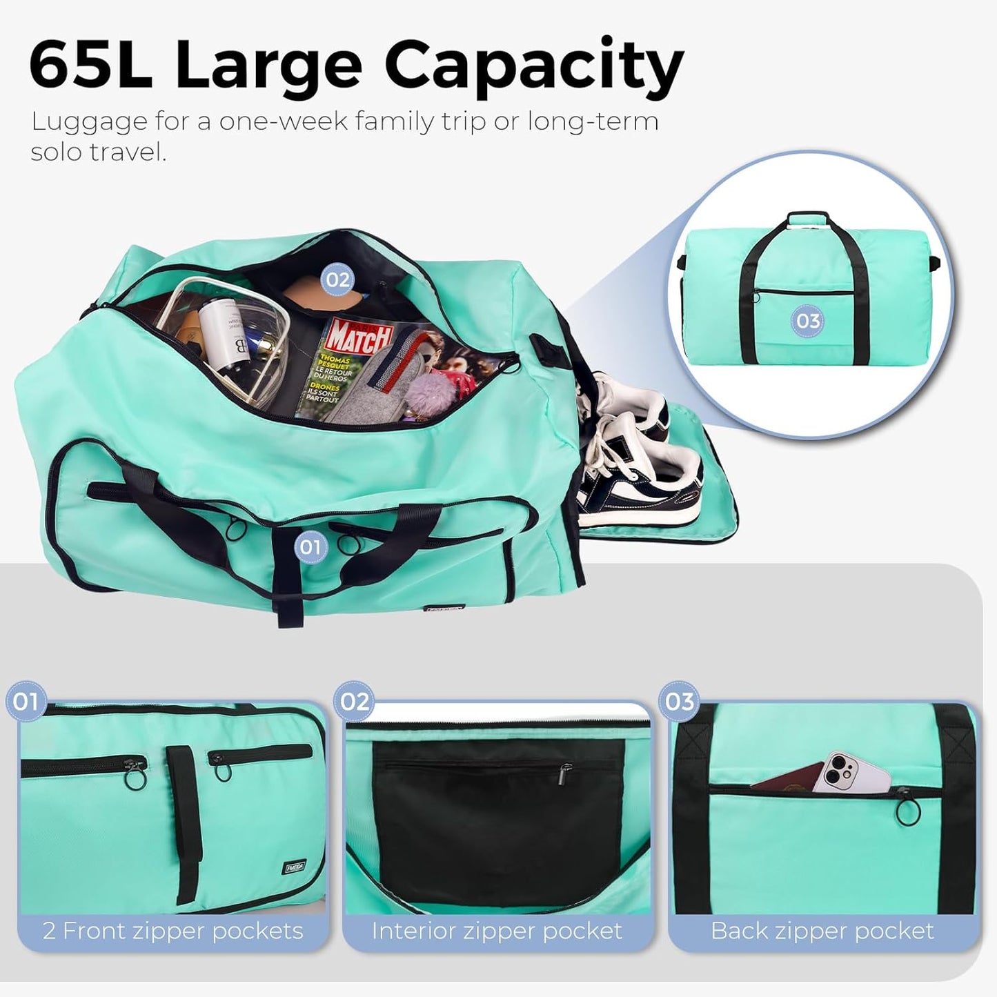 Fmeida 65L Duffle Bag with Shoes Compartment, Foldable Travel Duffel Bags for Men Women, Large Packable Travel Bag Water Repellent & Tear Resistant (Mint Green)