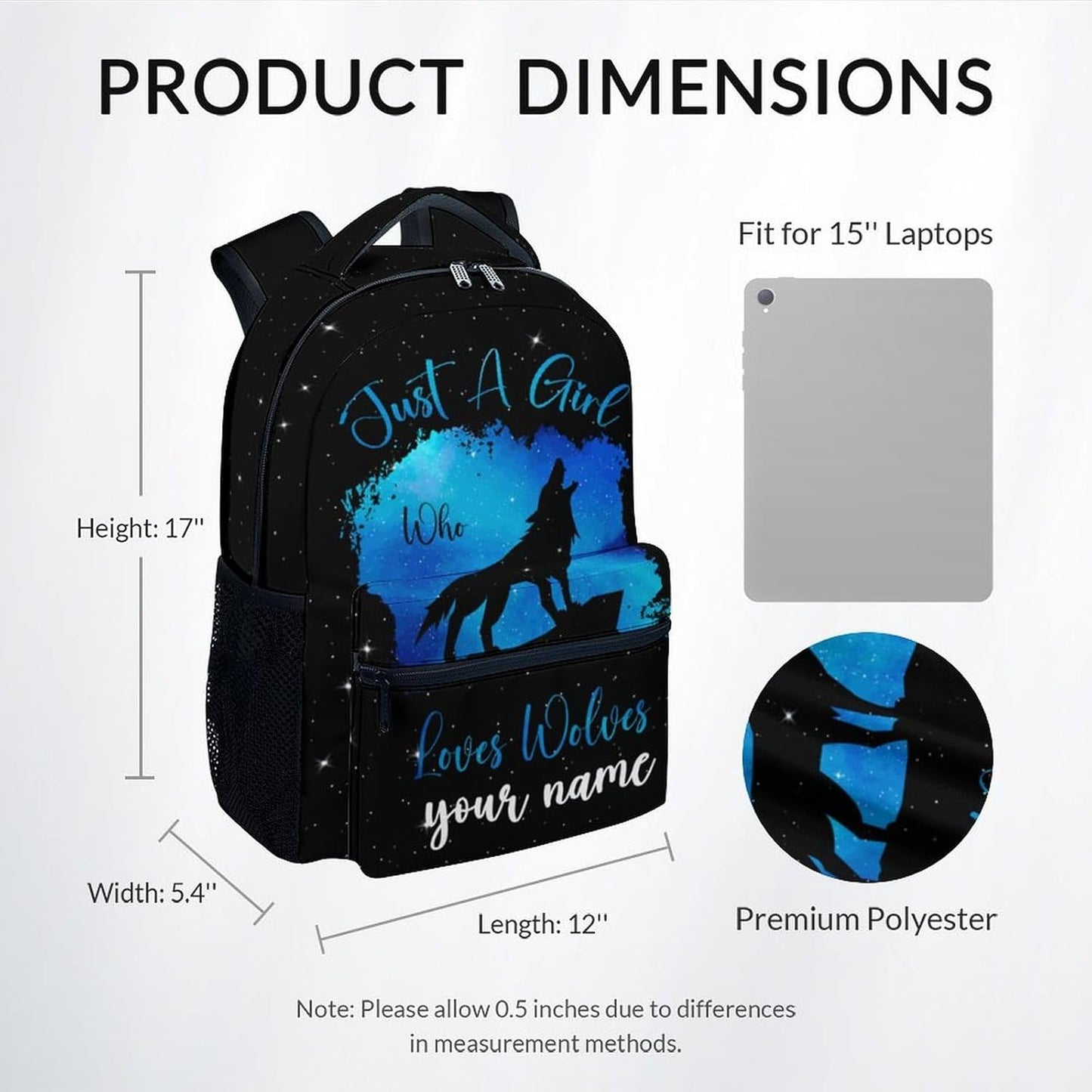 UNIKITTY Custom School Backpack for Girls, Wolf Backpack with Adjustable Straps, Elementary Bookbag Large Capacity Durable, 17" Black Cute Kids Travel Backpacks