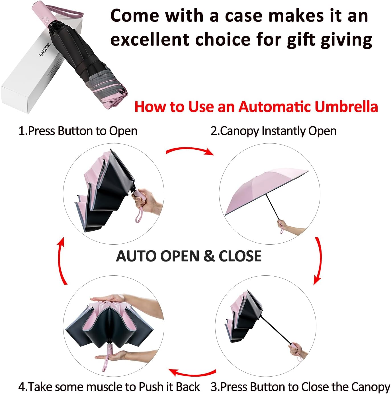 BAODINI Inverted UV Umbrella for Rain and Sun Medium Size UPF 50+ Rverse Compact Umbrella Auto Open Close