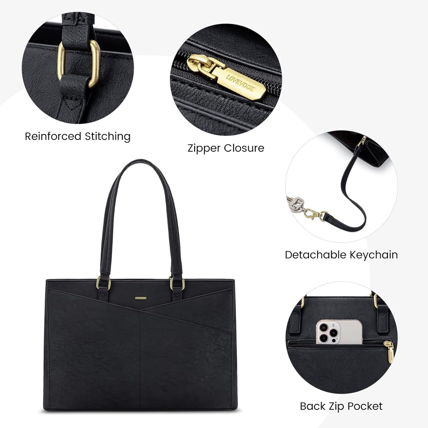 LOVEVOOK Laptop Bag for Women 15.6 Inch Tote Bags Waterproof Leather Briefcase Computer Women Business Office Work Bag,Vintage Black