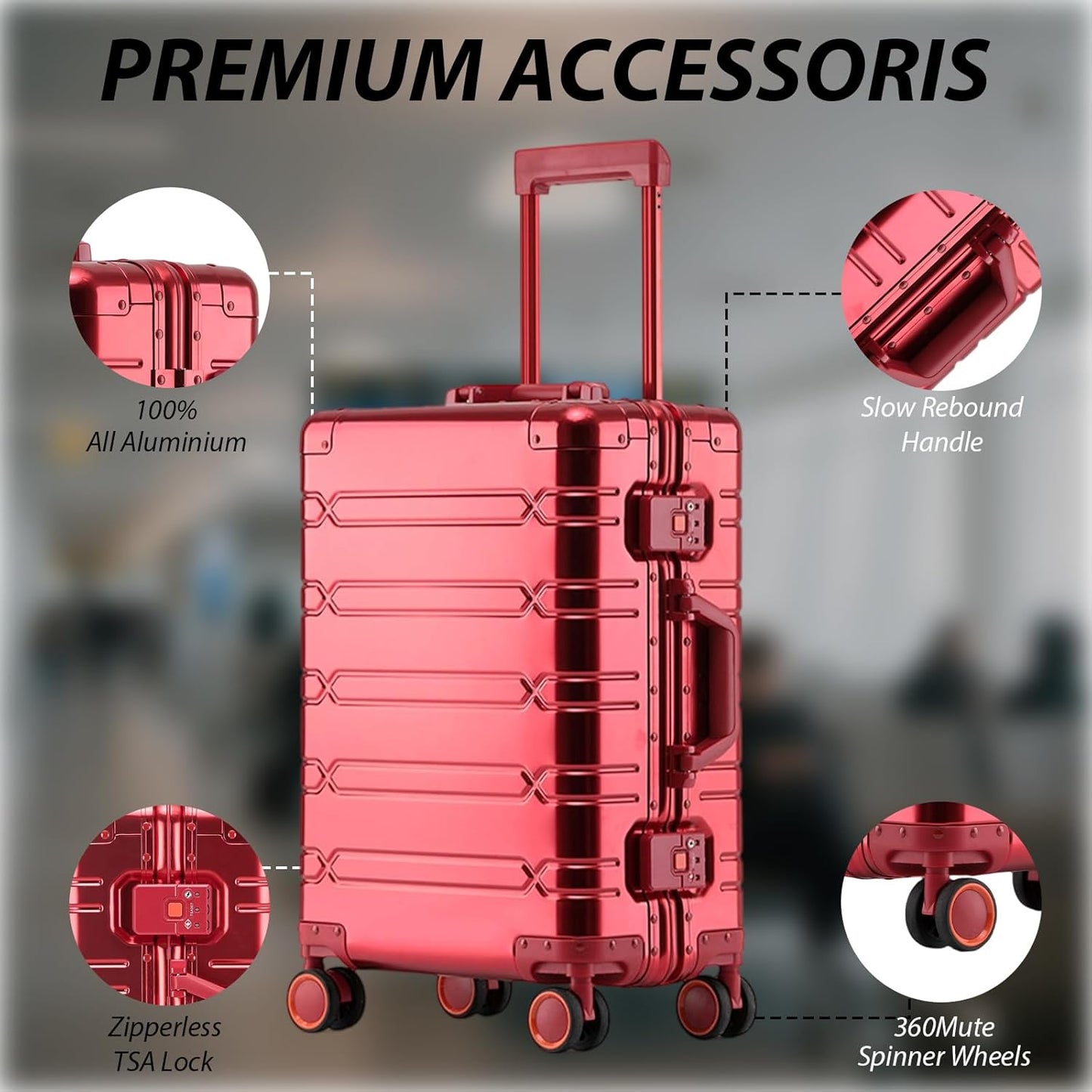 Tmore Aluminum Frame Luggage with Spinner Wheels, with TSA Locks Hard Shell Suitcase, Business 20" Red Small