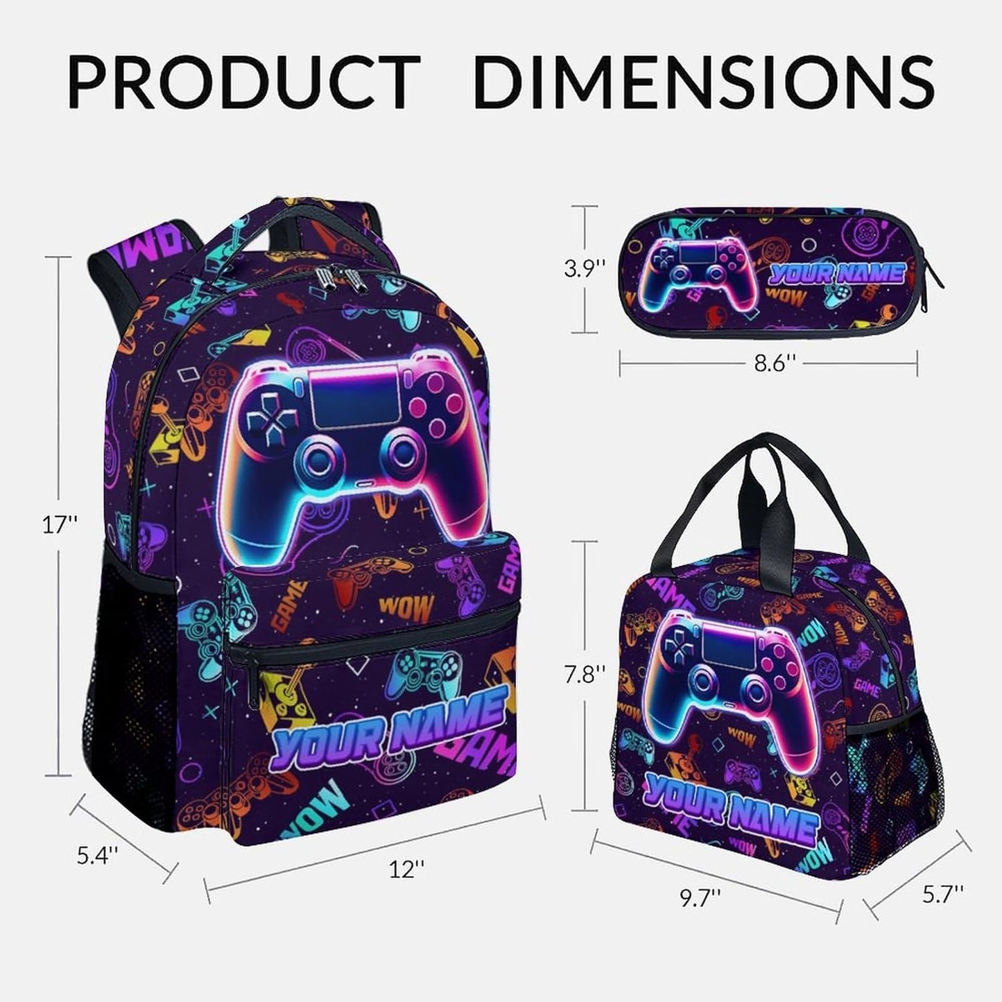 Kids Backpack with Lunch Bag and Pencil - 17 Inch Custom Gamer Backpack Set for Boys Girls - Personalized Cool Gaming School Bag for Primary Middle