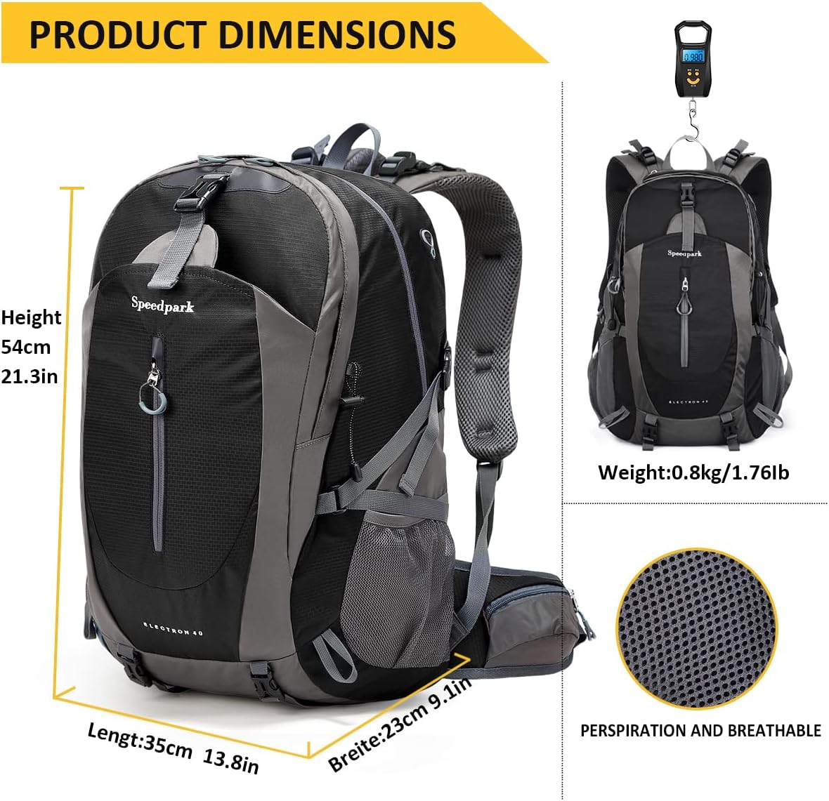 SPEEDPARK Hiking Backpack 40L Waterproof Hiking Daypack with Rain Cover, Outdoor Trekking Travel Backpacks for Men Women