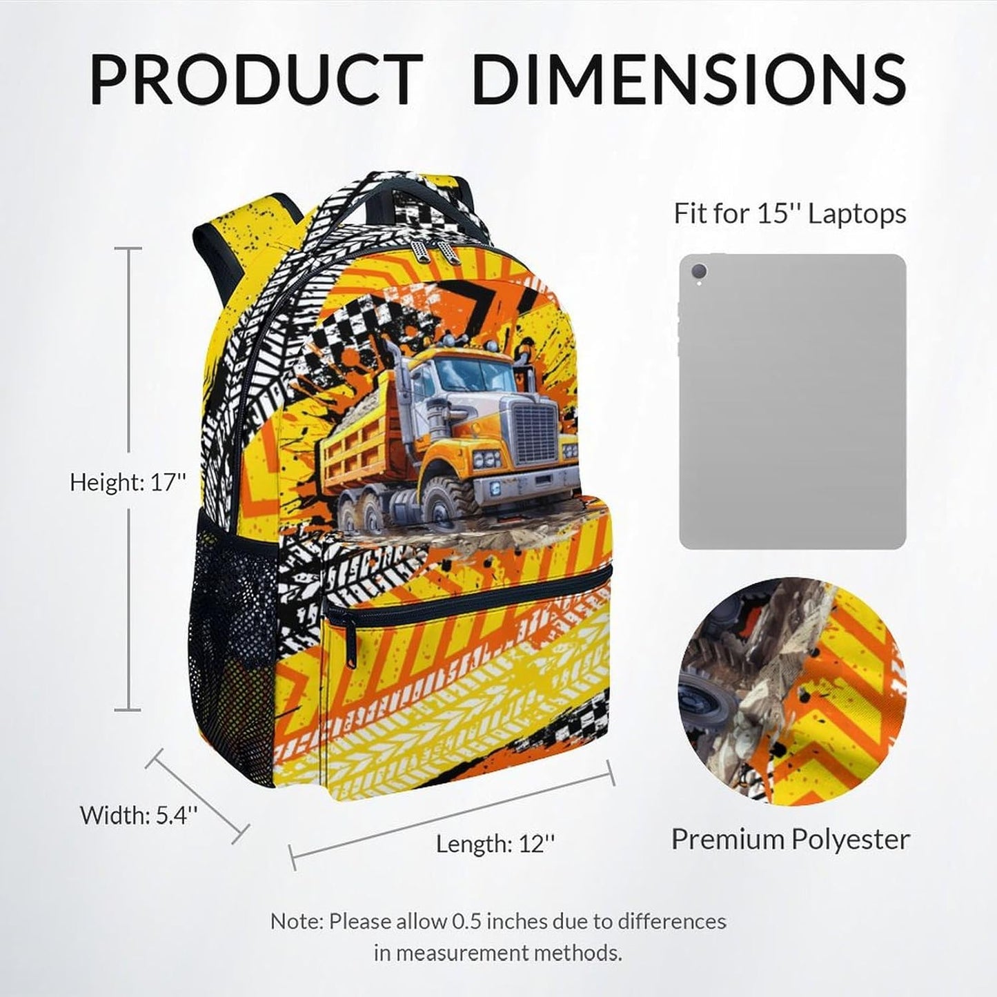 Kids Backpack, Construction Backpacks for Boys, 17" Truck Bookbag for Preschool Kindergarten Elementary, Durable Toddler School Bag