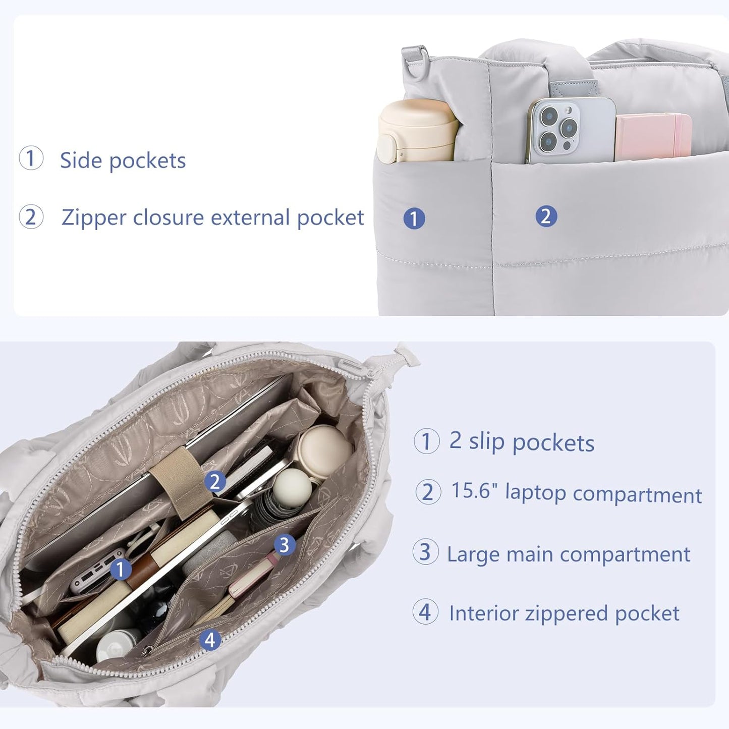 Tote Bag for Women Puffer Tote Bag Large Nurse Bags Shoulder Handbag with Zipper for Work Travel
