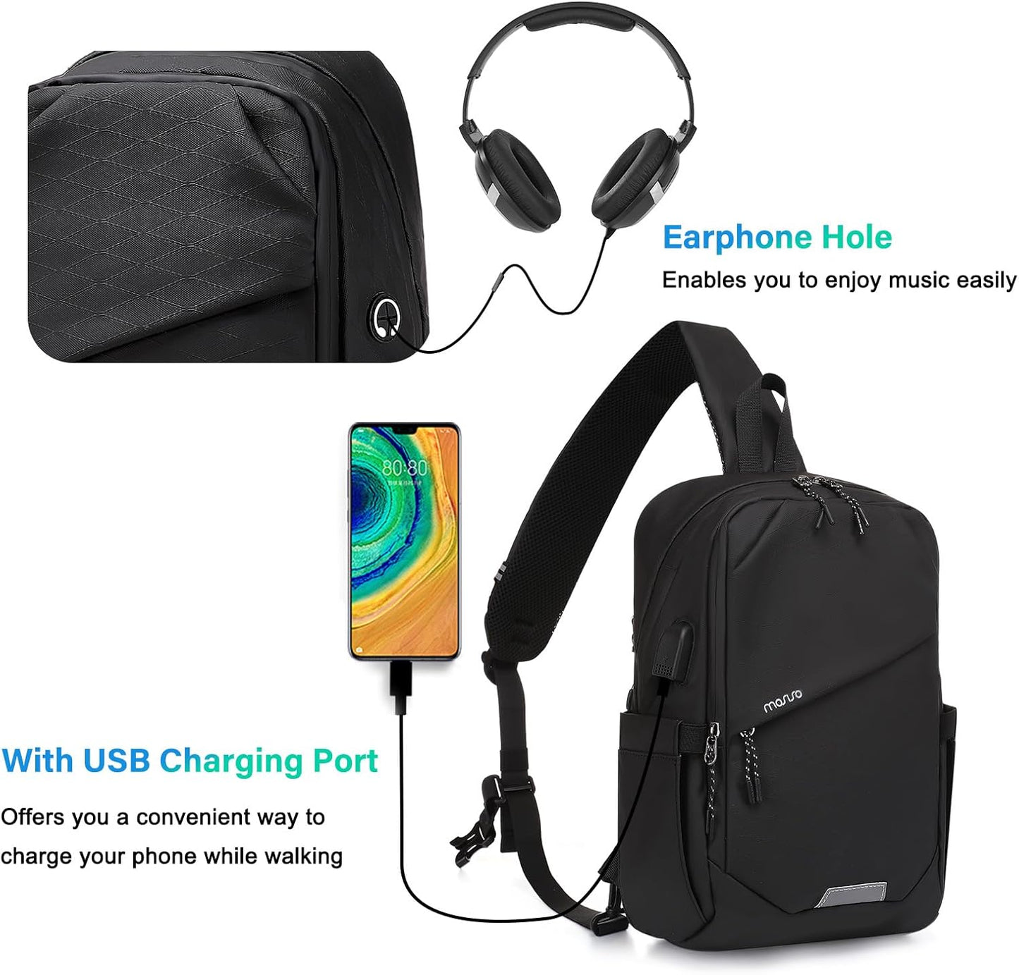 MOSISO Sling Backpack Travel Hiking Daypack,Large Crossbody Sling Bag with USB Charging Port for Men Women 3 Layer Pockets One Shoulder Bag for Outdoor Sports Casual Commuting, Black