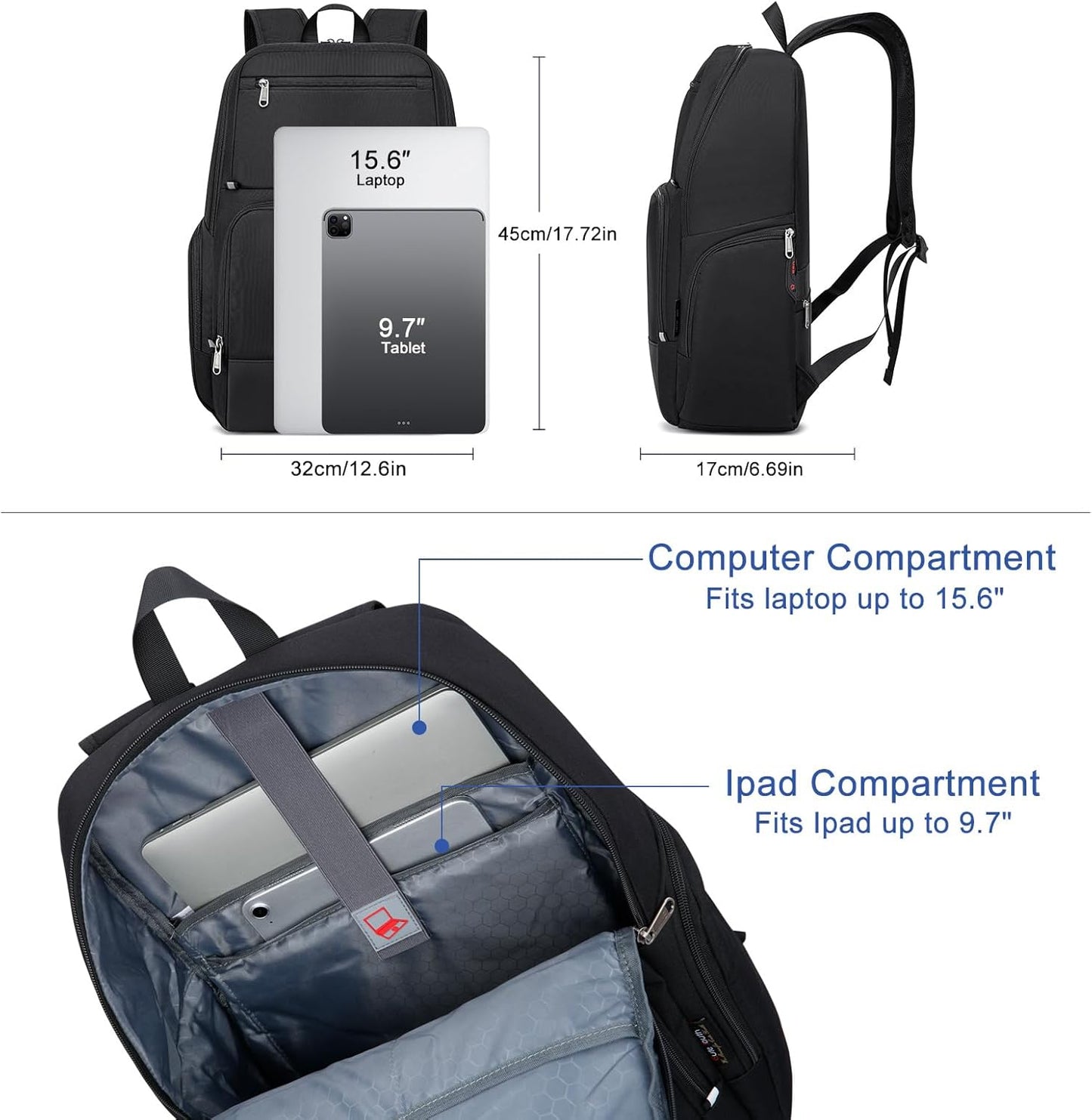 WYCY Laptop Backpack for Men - Anti Theft Computer Bag for Work, Business, College, Mochilas Para Hombres, 15.6 Inch, Black