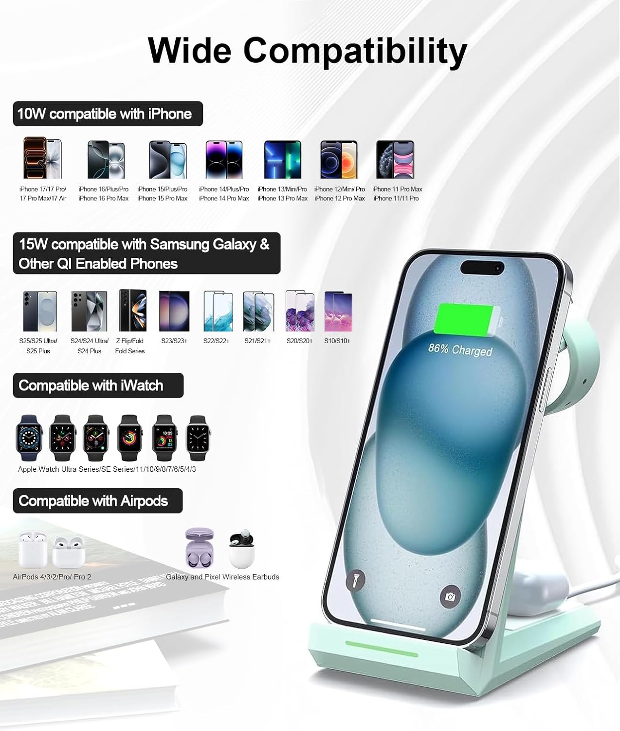 Wireless Charging Station for iPhone - ADADPU 3 in 1 Charger Stand for iPhone 17 16 15 14 13 12 11 Pro Max XR 8 Plus, Wireless Charging Dock for Apple Watch 9/8/7/SE/6/5/4/3/2, AirPods Pro/3/2 (Green)