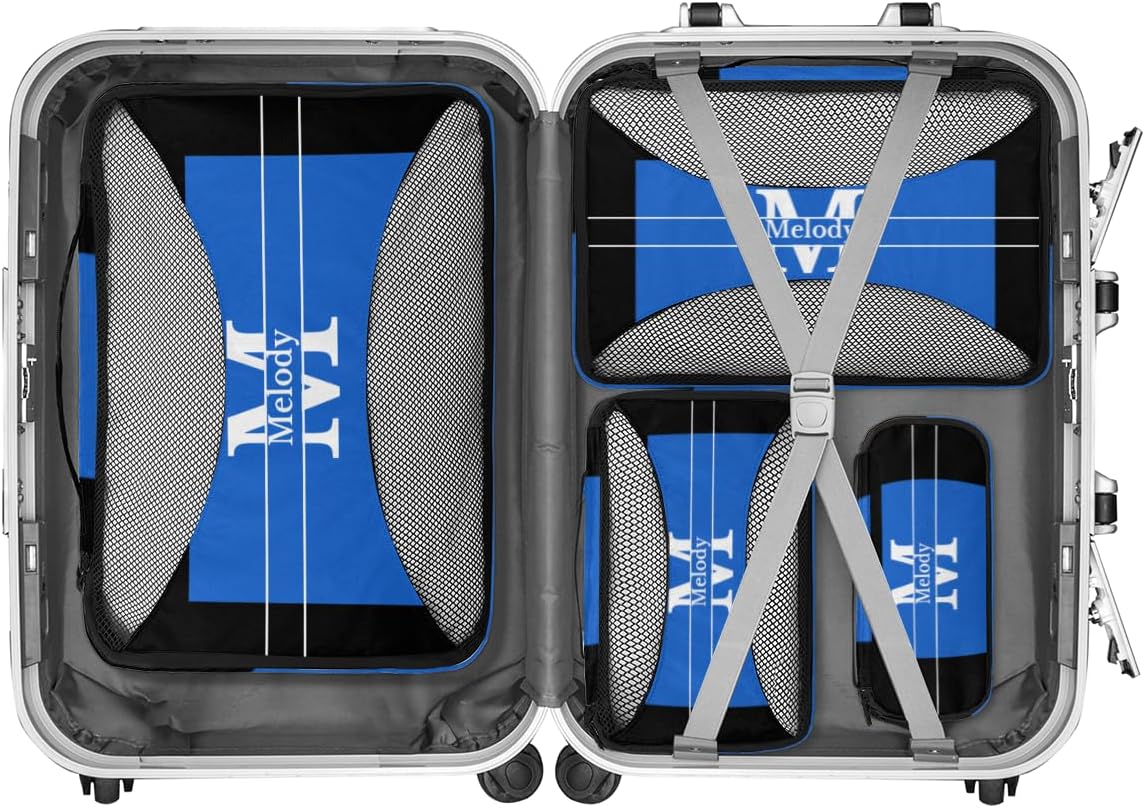 Custom Packing Cubes with Name and Initial Letter, 4Pcs/Set Travel Luggage Packing Organizers Set for Men and Women, Navy Blue with Black