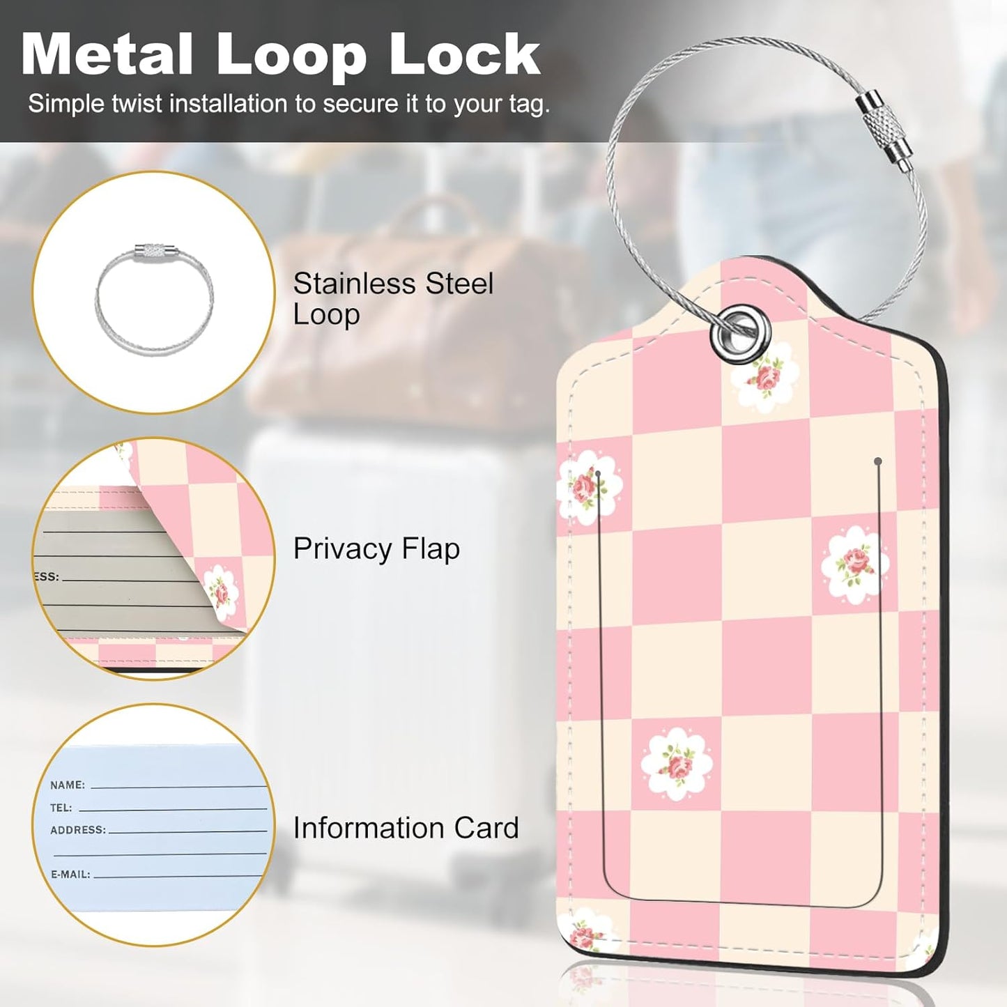 2Pack Luggage Tags for Suitcases, Cute Unique Pu Leather Cruise Luggage Tag with Privacy Cover ID Label Address Card and Metal Ring Suitable for Women Men Kids Travel Bag Pink Plaid