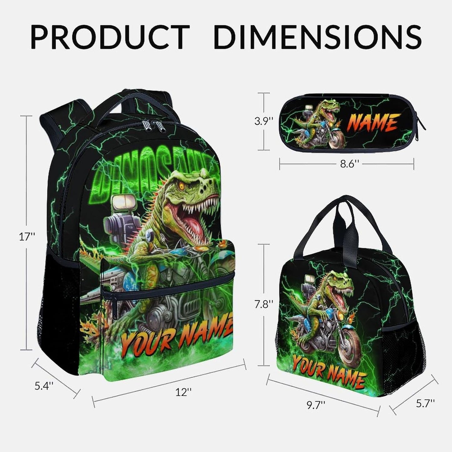 Personalized Backpack with Lunch Box, Dinosaur Backpacks for Boys, 17 Inch Custom Kids School Bag Set, Motorcycle Bookbags for Elementary