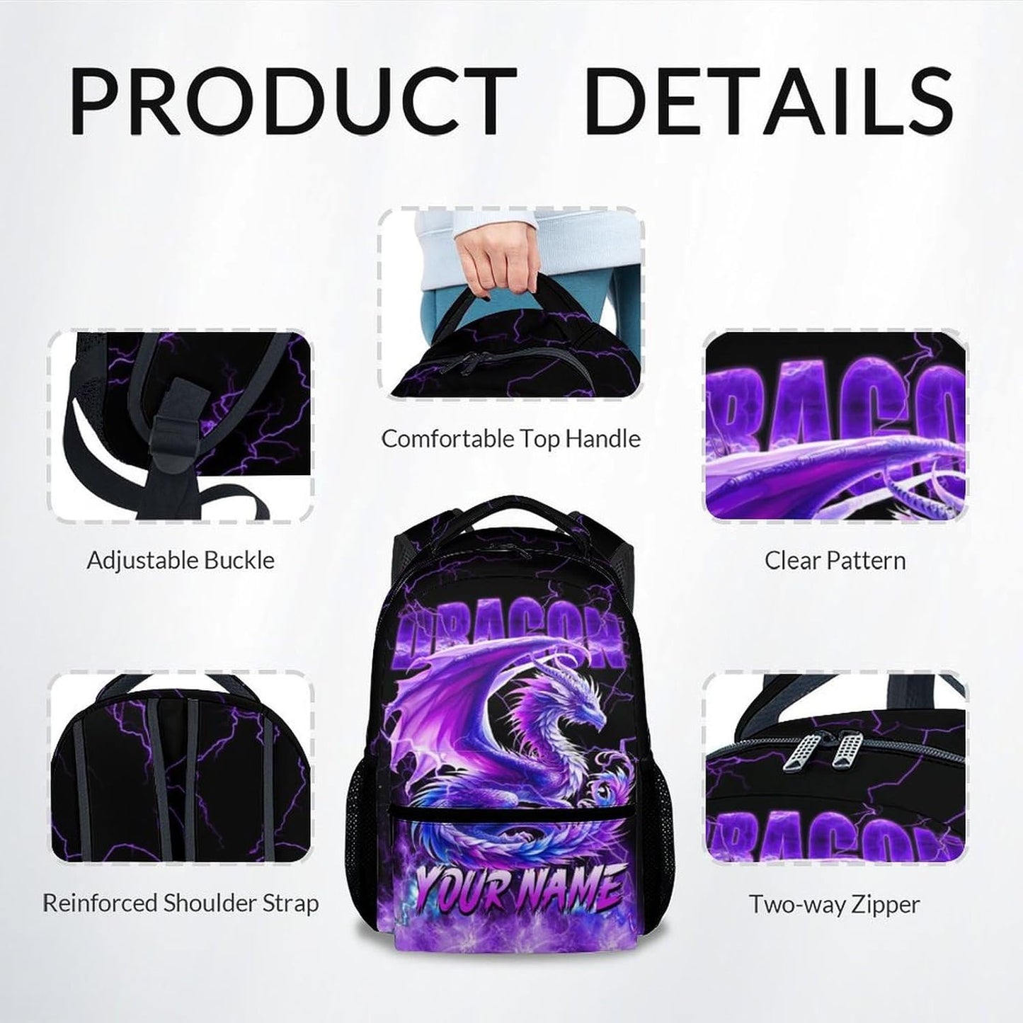 Personalized Kids Backpack, Dragon Backpack for Girls Boys, 17 Inch Lightning School Bag for Primary, Large Capacity School Supplies