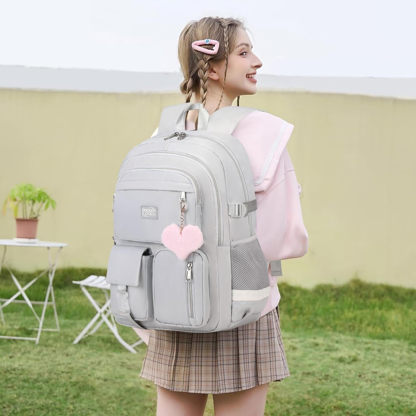 3PCS Backpack For School Women College Middle High Teen Girls Student Bookbag Waterproof Laptop Bag Grey