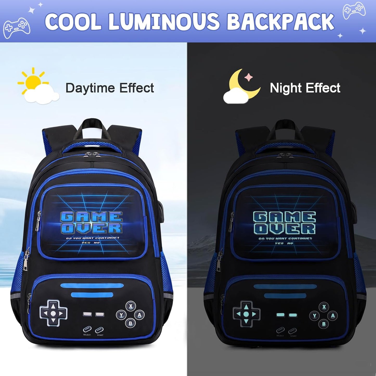 Gamer Backpack for Boys - Cool Luminous School Backpack for Boys with Lunch Bag Pencil Case - Kids Elementary Middle School Book Bags for Teen with USB Charging Port (Black