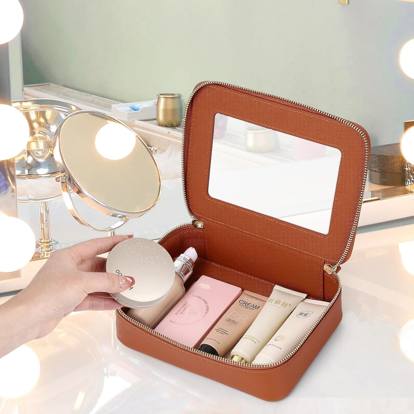 Clear Makeup Bag Set Travel Cosmetic Bag and Toiletry Bag Women's Purse Pouch Cosmetic Stroage Organizer Case with Zipper Car Essentials (Brown, M+Mini)