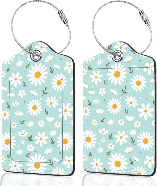 2Pack Luggage Tags for Suitcases, Cute Unique Pu Leather Cruise Luggage Tag with Privacy Cover ID Label Address Card and Metal Ring Suitable for Women Men Kids Travel Bag Little White Daisies