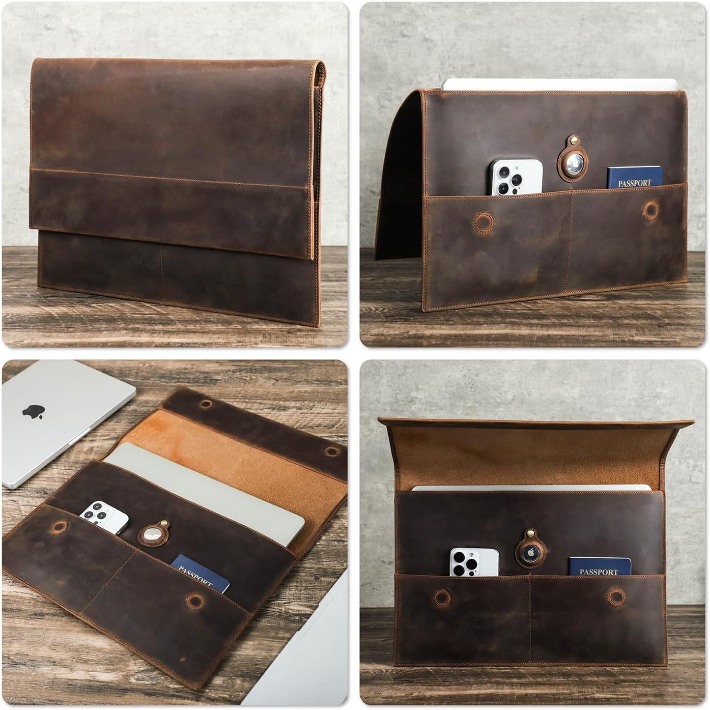 Top Grain Leather 14.2" Slim Laptop Sleeve Bag, Magnet Clasp Closure Style & 3 Pockets & Tracker Holder, Fully Handmade, Fits MacBook Pro/Air 14.2"/13.3"/Cellphone/Passport, Coffee 14.2 Inch