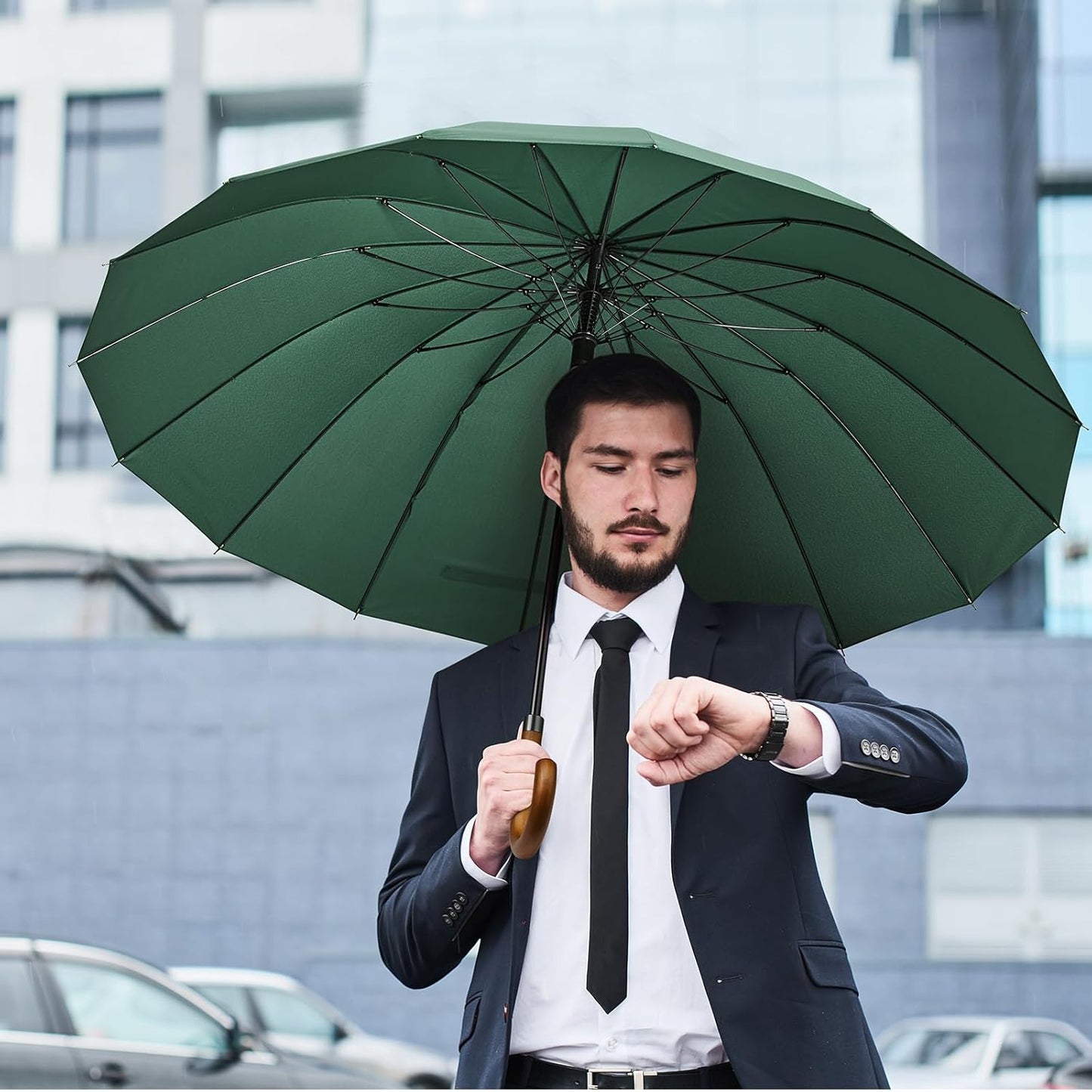G4Free 54 Inch Large Windproof Umbrella for 2 Persons, 16 Ribs Auto Open Classic Wooden J Handle Cane Stick Golf Rain Umbrellas for Men Women Travel 120cm