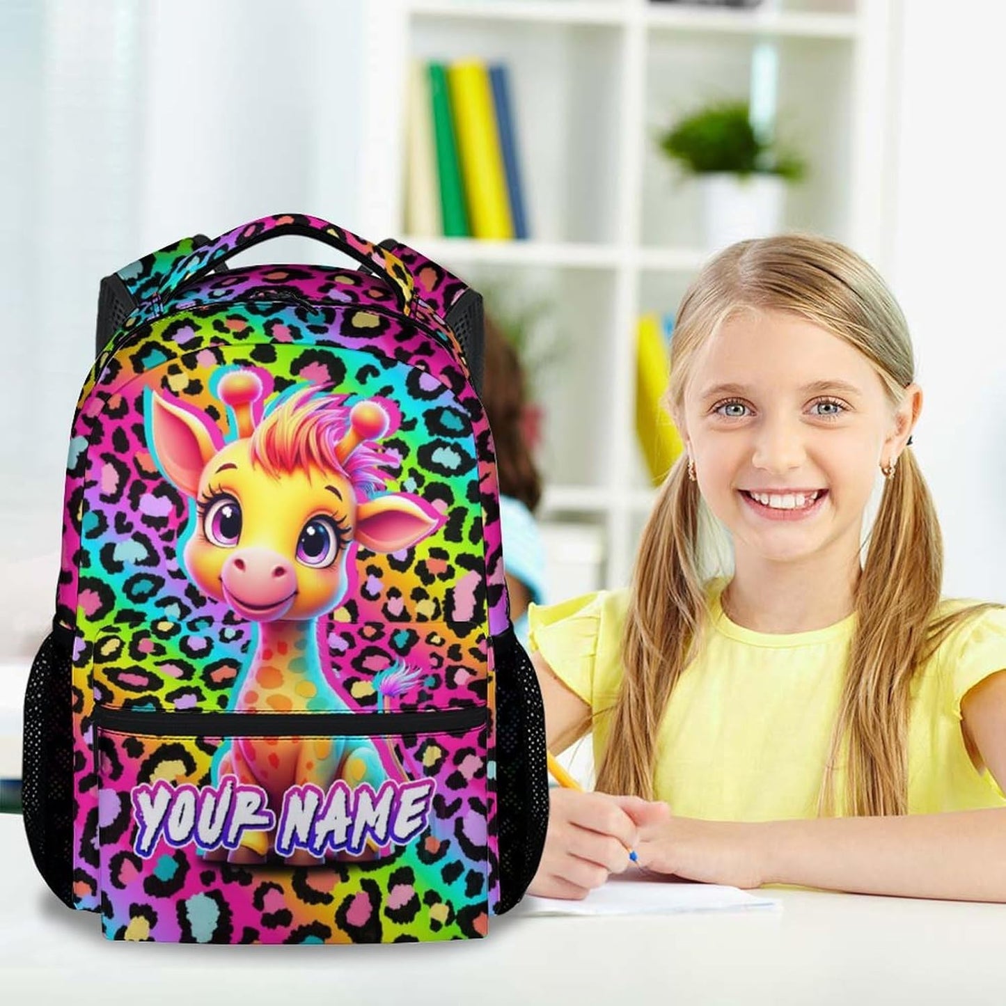 Custom Giraffe Backpack for Girls - 17 Inch Cute Kids Backpack with Adjustable Straps for