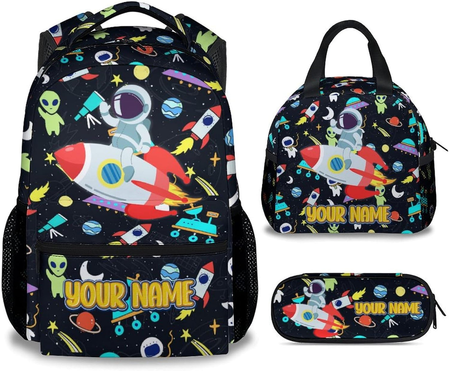 Backpack and Lunch Box Set for School - 17 Inch Custom Space Backpack Set for Kids - Personalized 3 in 1 Cool Bookbag for Primary Middle