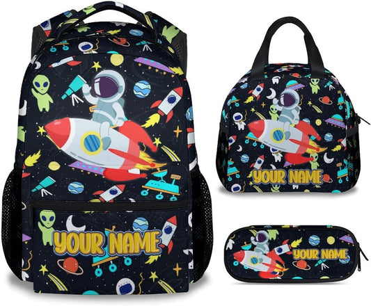 Backpack and Lunch Box Set for School - 17 Inch Custom Space Backpack Set for Kids - Personalized 3 in 1 Cool Bookbag for Primary Middle