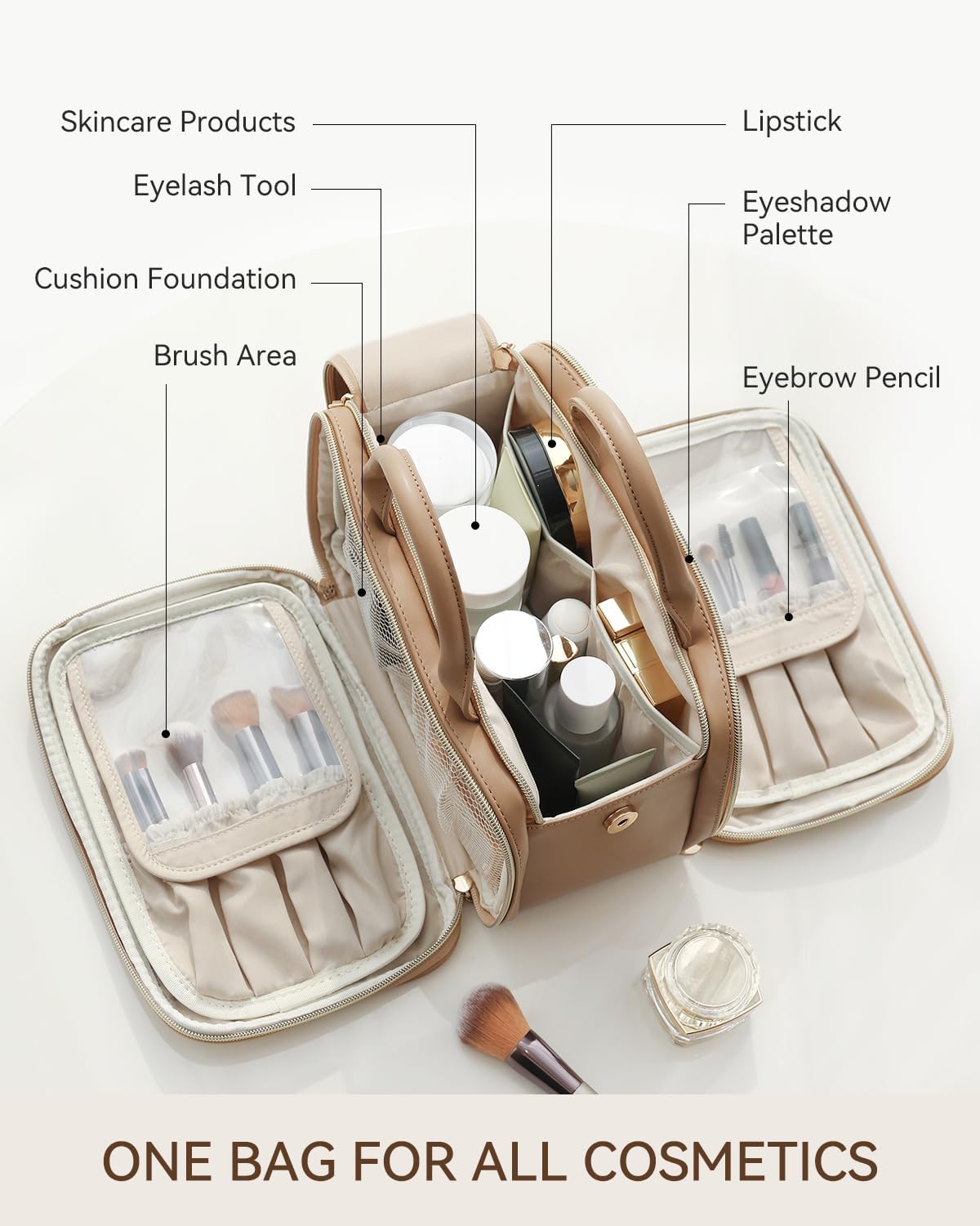 Prite Makeup Bag for Women, Large Capacity Waterproof Travel Cosmetic Organizer, Portable Open Flat