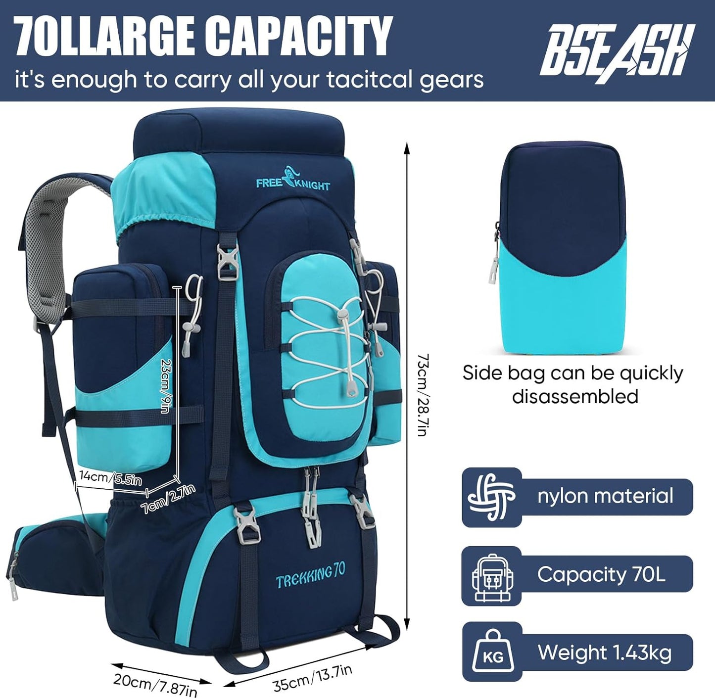 Bseash 70L (65+5) Waterproof Hiking Camping Backpack with Rain Cover, Outdoor Sport Travel Daypack for Climbing Touring (Navy Blue)